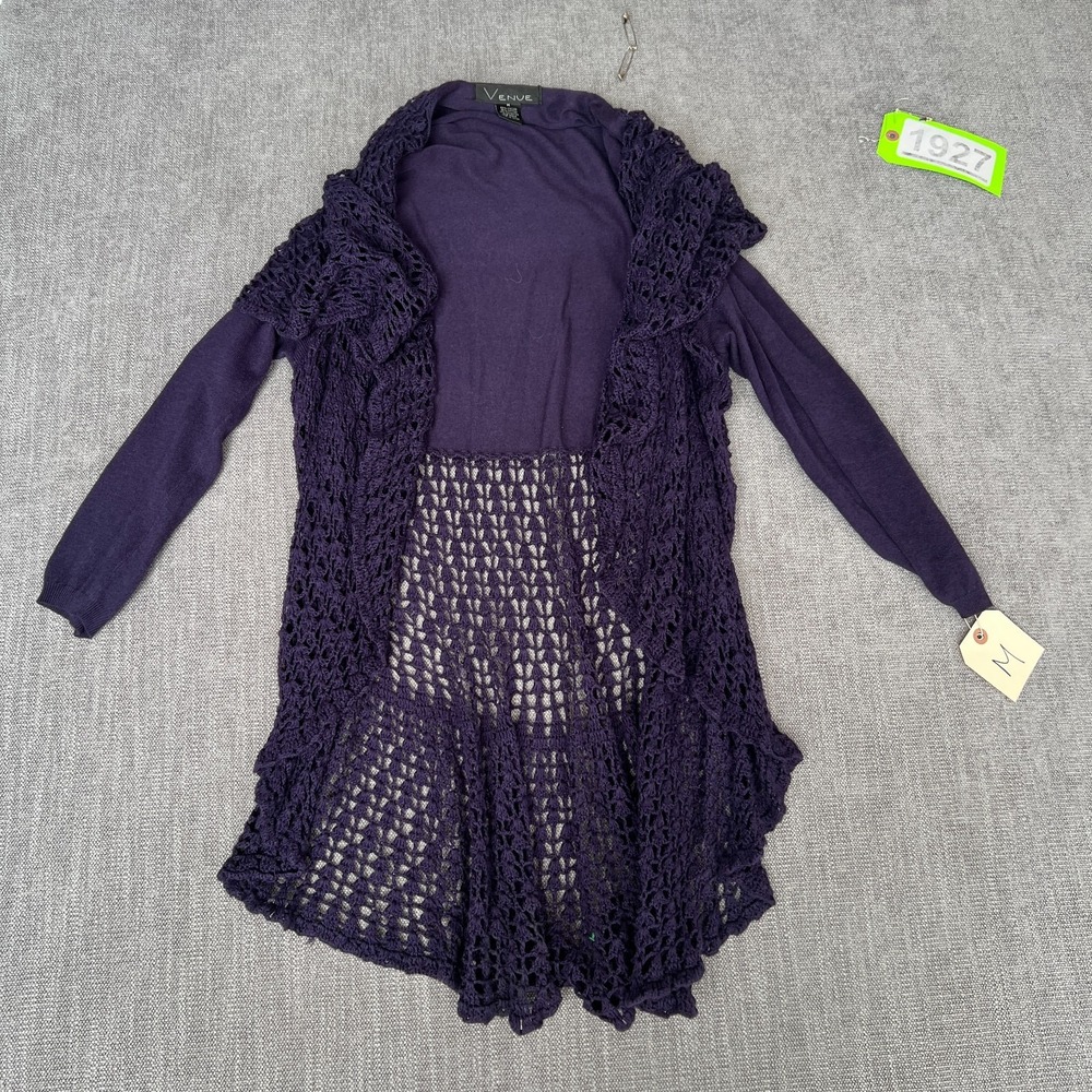 Venue Cardigan Sweater Womens M Purple Crochet Semi-Sheer Bohemian Open Front